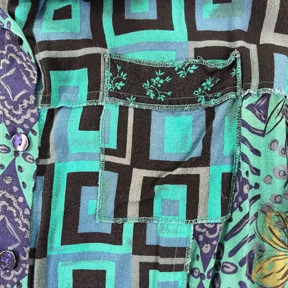 Vintage Plus Size 2 Piece Set 22W 24W Teal Patchwork Rayon Pants Shirt Outfit - Picture 12 of 16